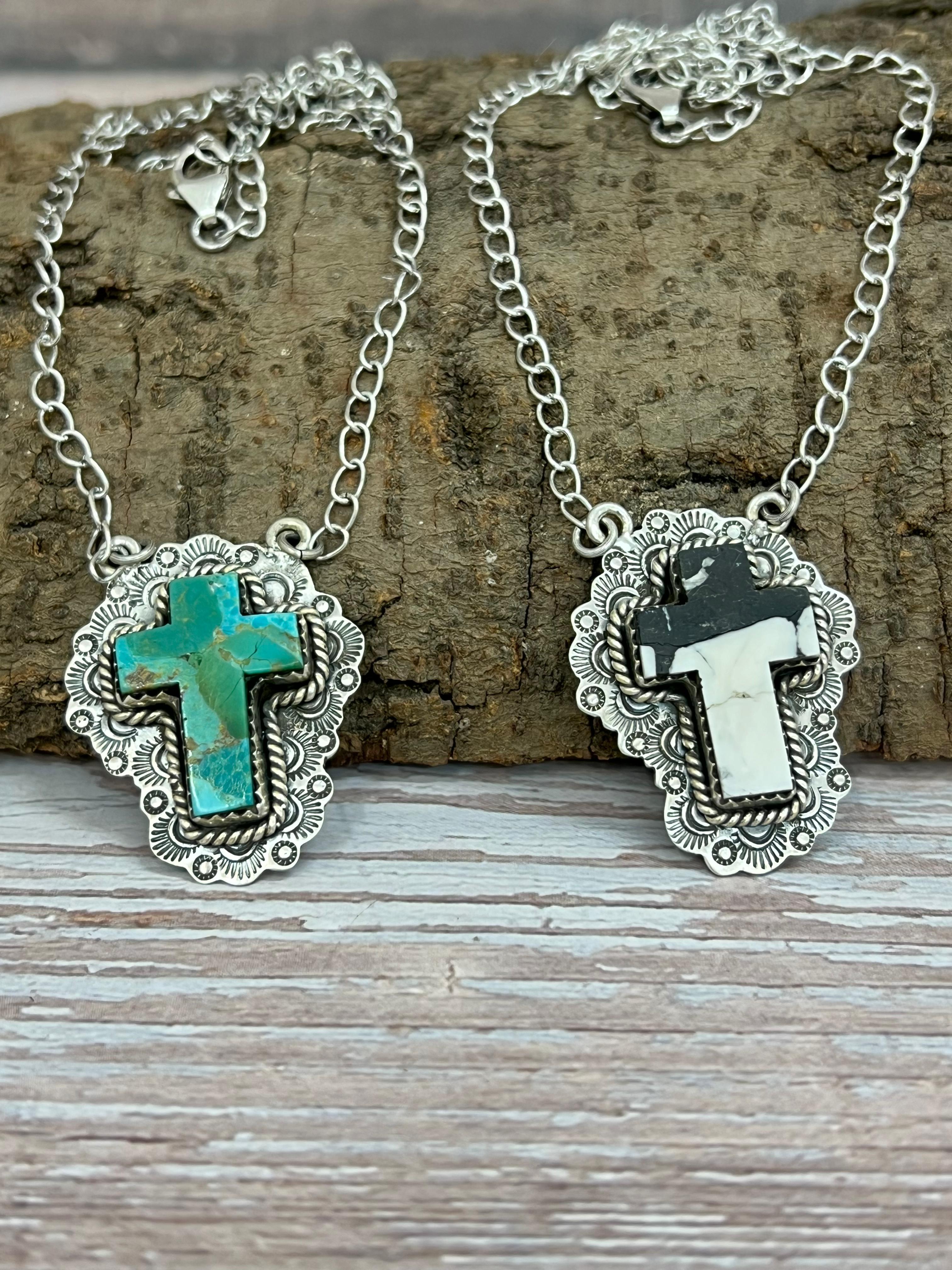 Handmade Sterling Silver White Buffalo, Kingman Turquoise Cross Necklace Signed Nizhoni (1)
