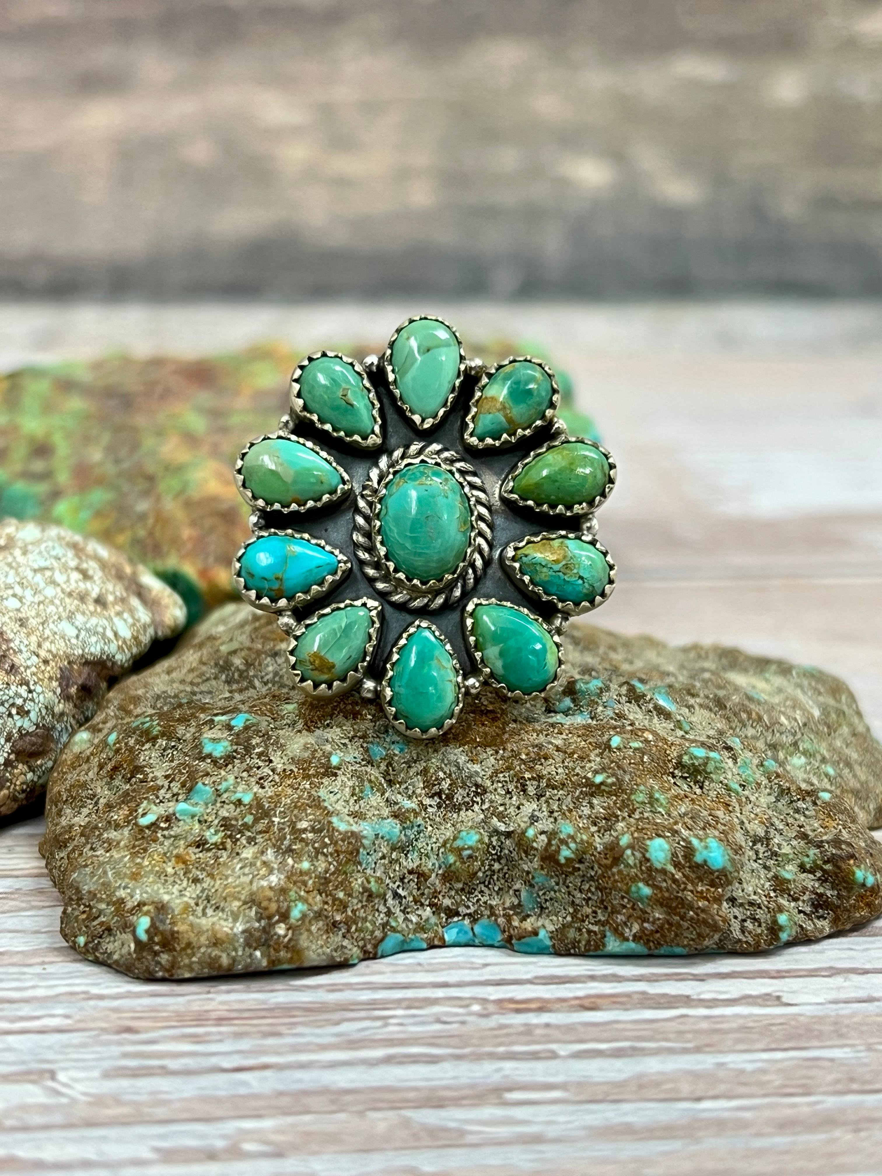 Handmade Sterling Silver Kingman Turquoise Adjustable Ring with Signed Nizhoni