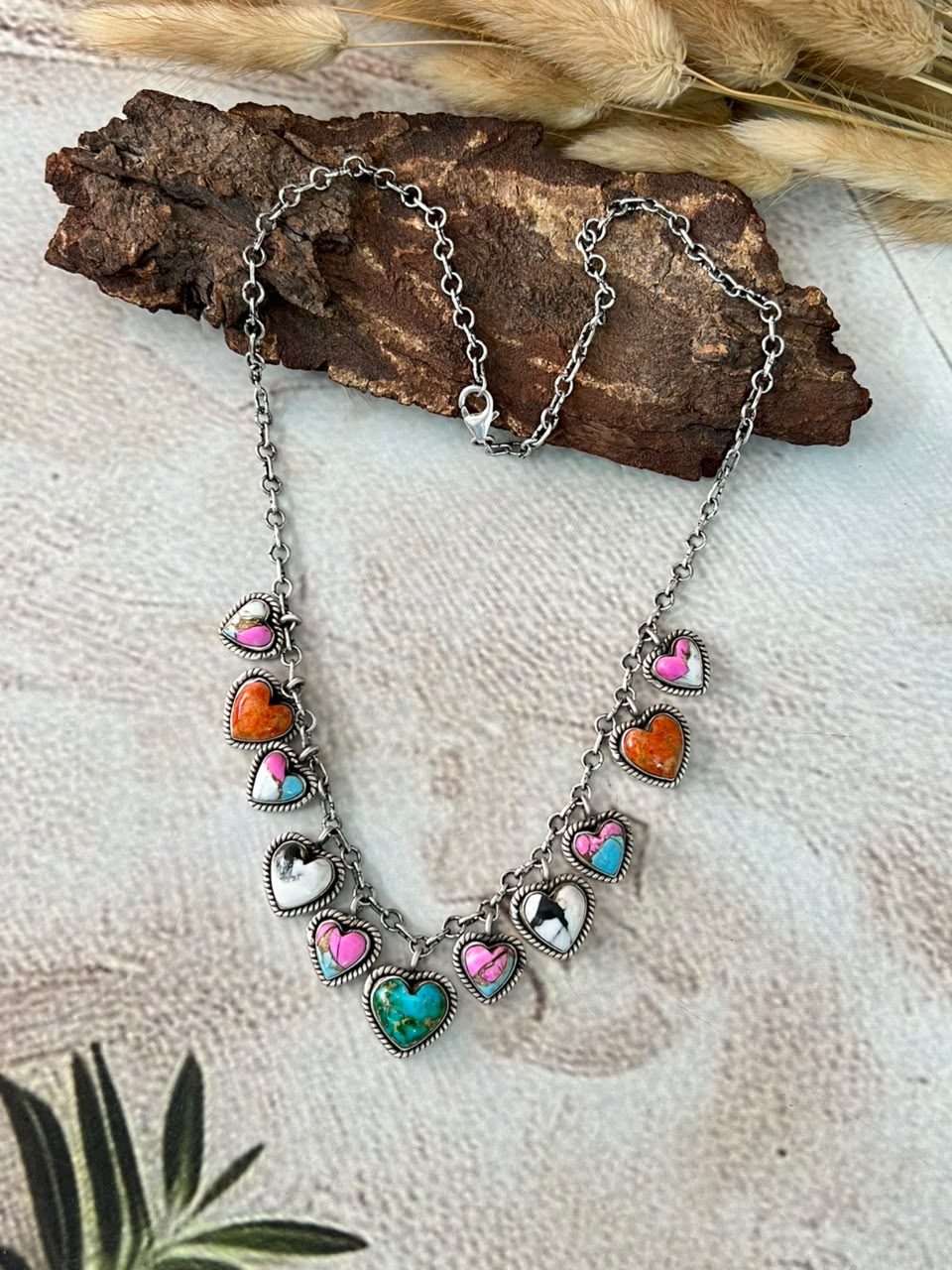 Handmade Sterling Silver Orange Mojave with Cotton Candy, Sonoran Mountain and White Buffalo Heart Necklace Signed Nizhoni