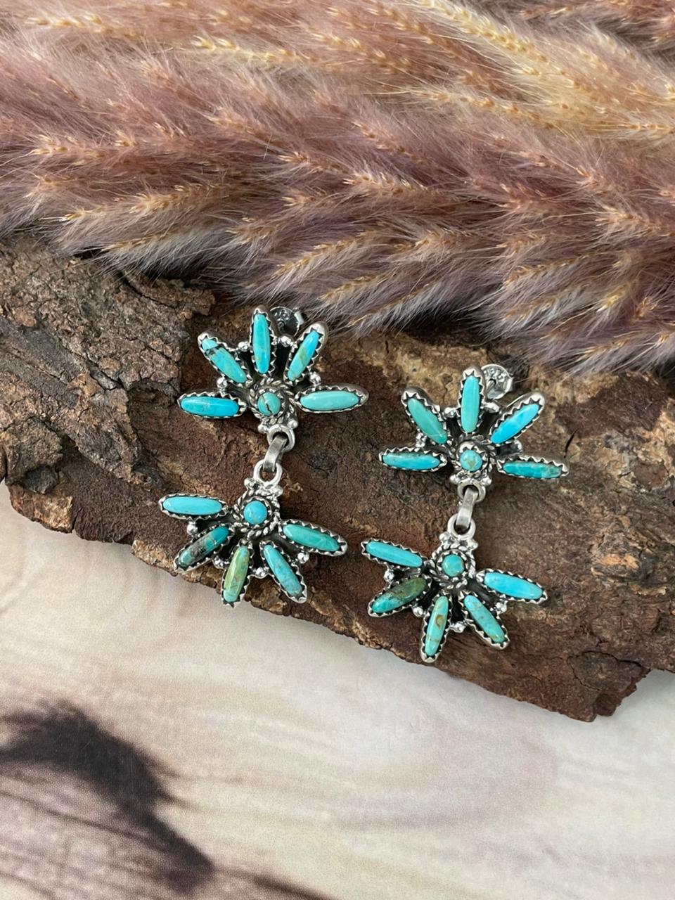 Handmade Sterling Silver Kingman Turquoise Post Dangle Earrings Signed Nizhoni