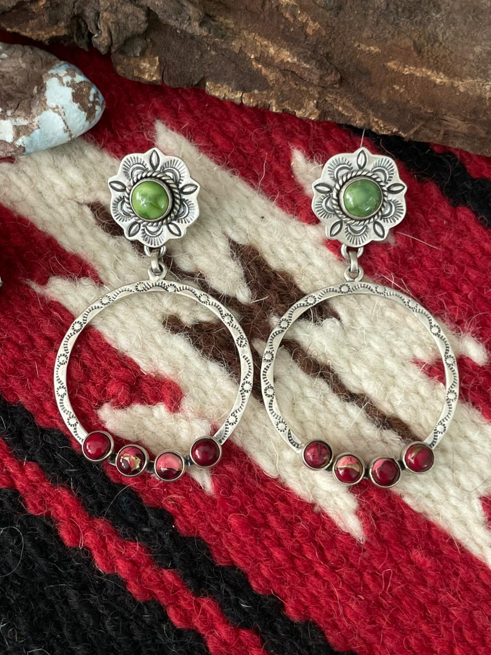 Handmade Sterling Silver Dahlia Rose with Emerald Valley Turquoise Post Earrings "Signed Nizhoni"