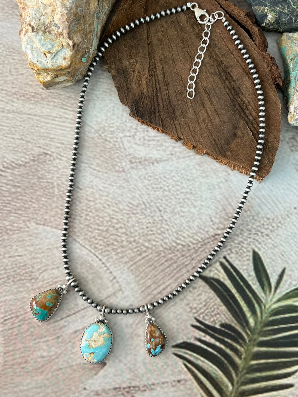 Handmade Sterling Silver Royston Ribbon Turquoise Beaded Necklace Signed Nizhoni