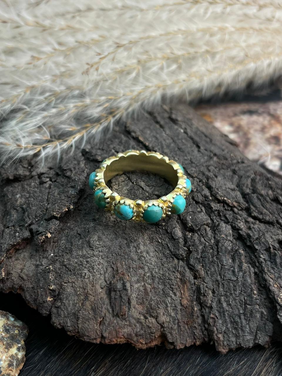 “The Golden Collection” Handmade Natural Kingman Turquoise Eternity Band Ring gold plated sterling silver