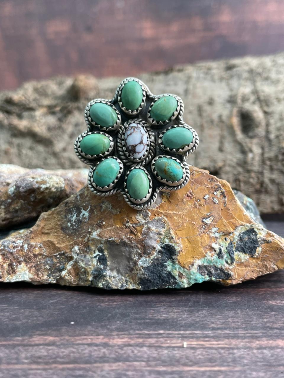 Handmade Sterling Silver Kingman with Wildhorse Magnesite Adjustable Ring "Signed Nizhoni"