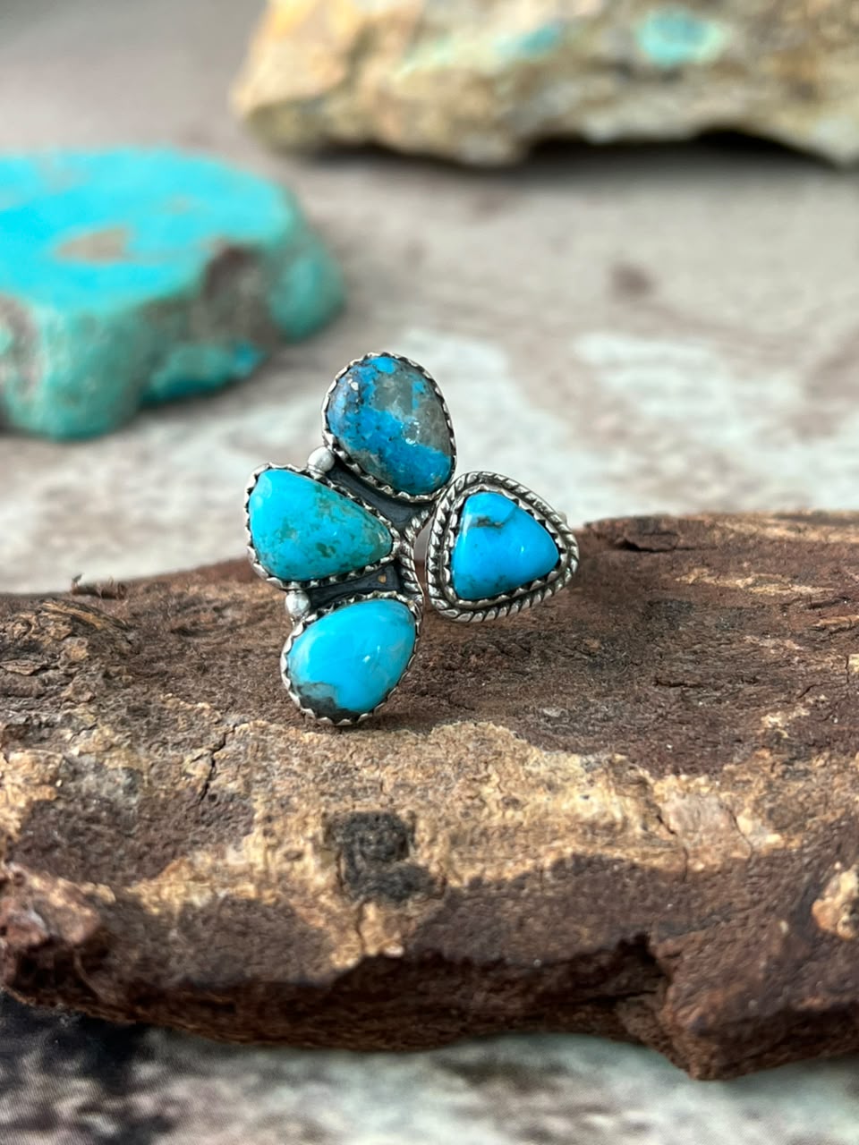 Handmade Sterling Silver Ithaca Peak Turquoise Adjustable Ring Signed Nizhoni