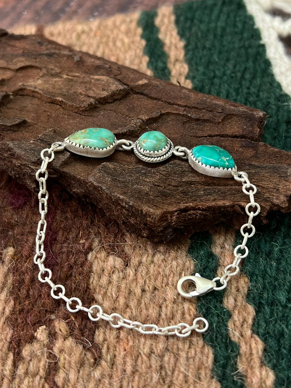Handmade Sterling Silver Emerald Valley Turquoise Chain Bracelet "Signed Nizhoni"