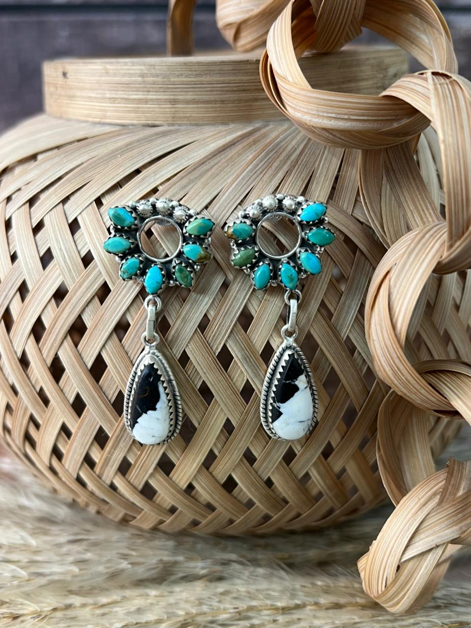 Handmade Sterling Silver Kingman Turquoise with White Buffalo Post Dangle Earrings "Signed Nizhoni"
