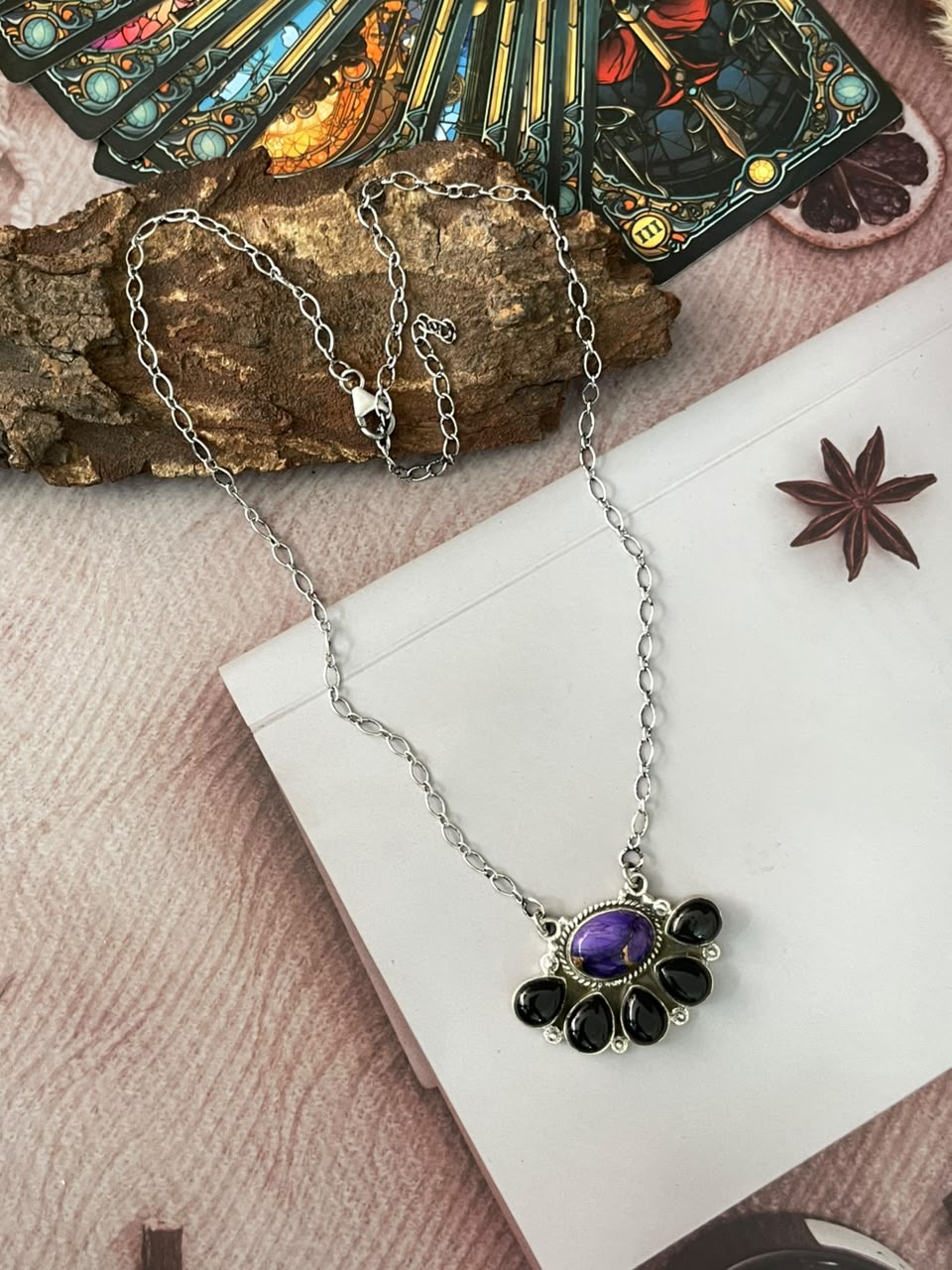 Handmade Sterling Silver Grape Dahlia with Black Onyx Halloween Collection: Necklace Signed Nizhoni
