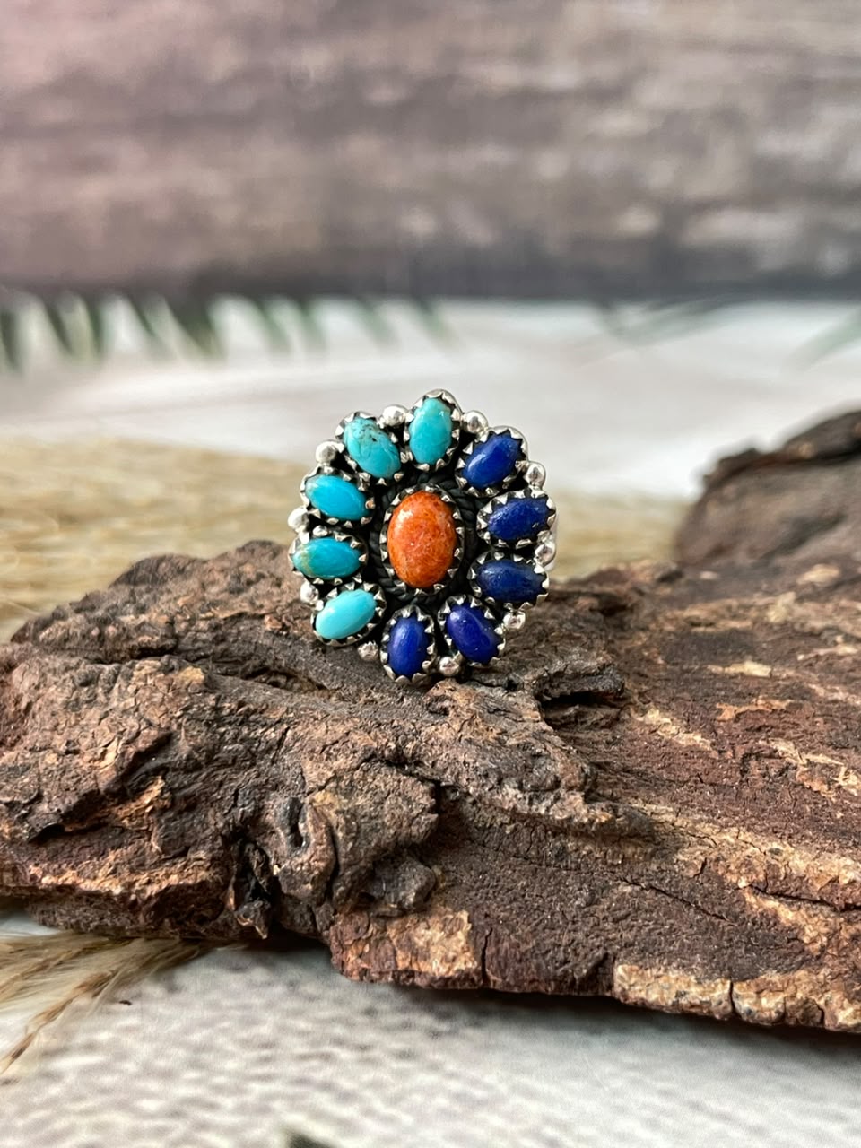 Handmade Sterling Silver Orange Mojave with Kingman Turquoise and Lapis Adjustable Ring Signed Nizhoni