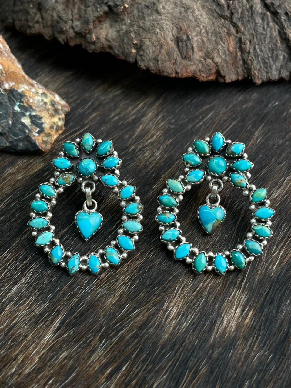 Handmade Sterling Silver Kingman Turquoise Post Dangle Hoop Earrings "Signed Nizhoni"