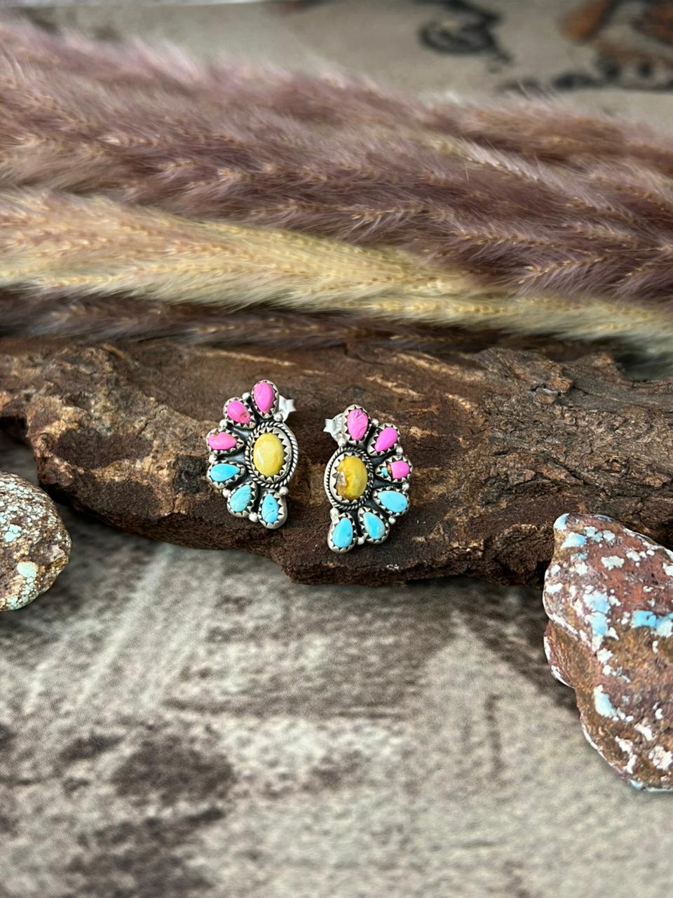 Handmade Sterling Silver Cotton Candy with Palomino Post Earrings "Signed Nizhoni"