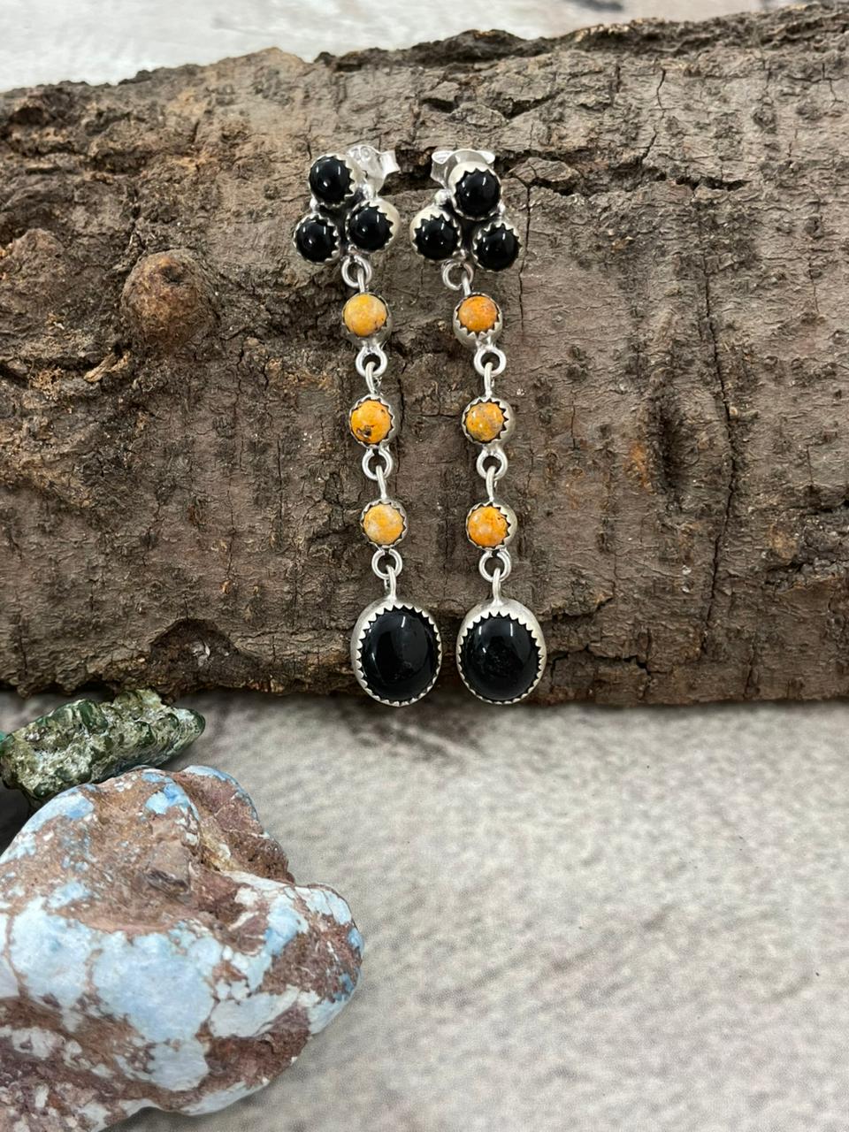 Handmade Sterling Silver Black Onyx, Bumblebee Post Dangle Earrings with Signed Nizhoni