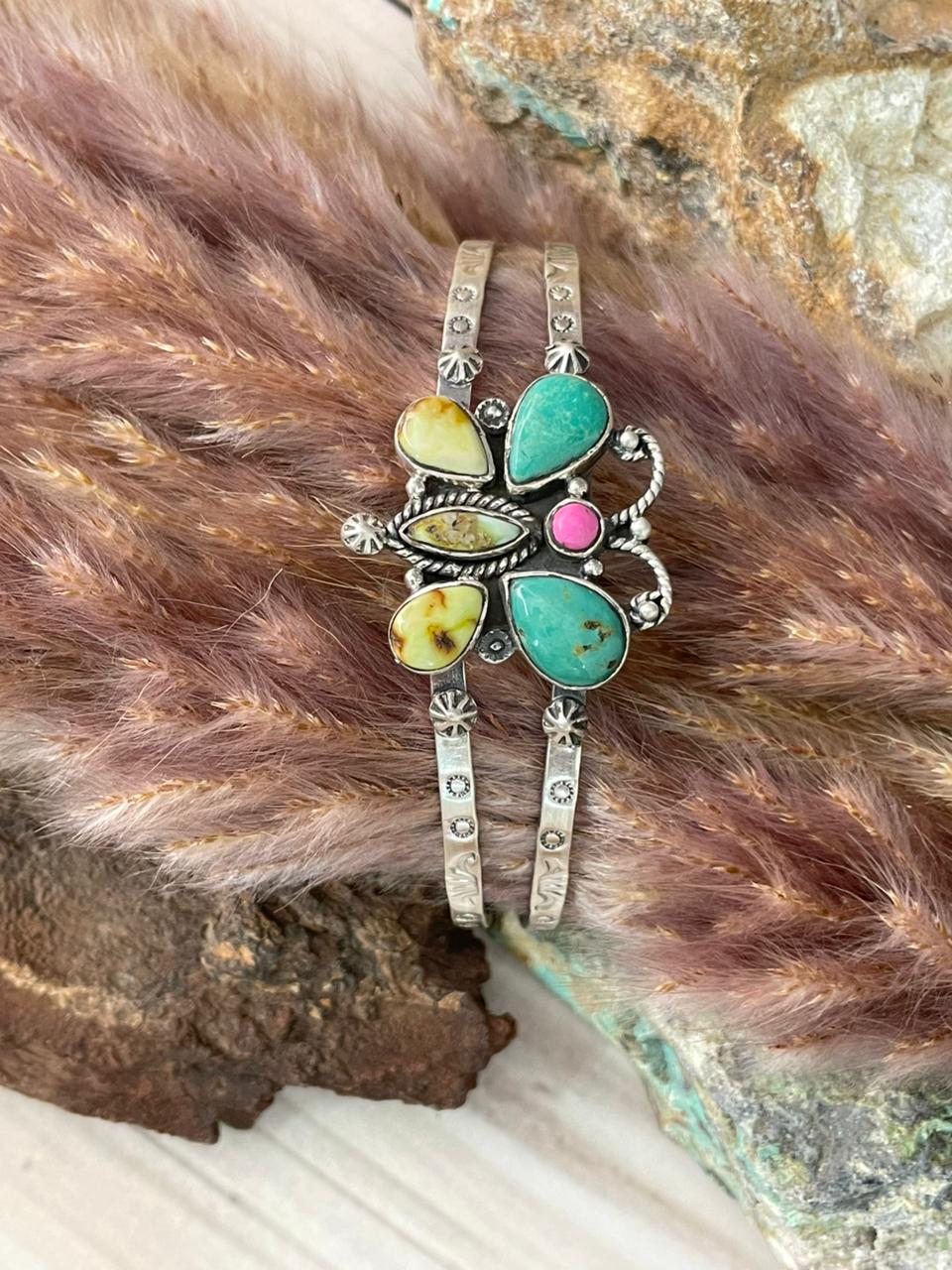 Handmade Sterling Silver Carico Lake with Cotton Candy and Palomino Turquoise Butterfly Cuff Bracelet Signed Nizhoni