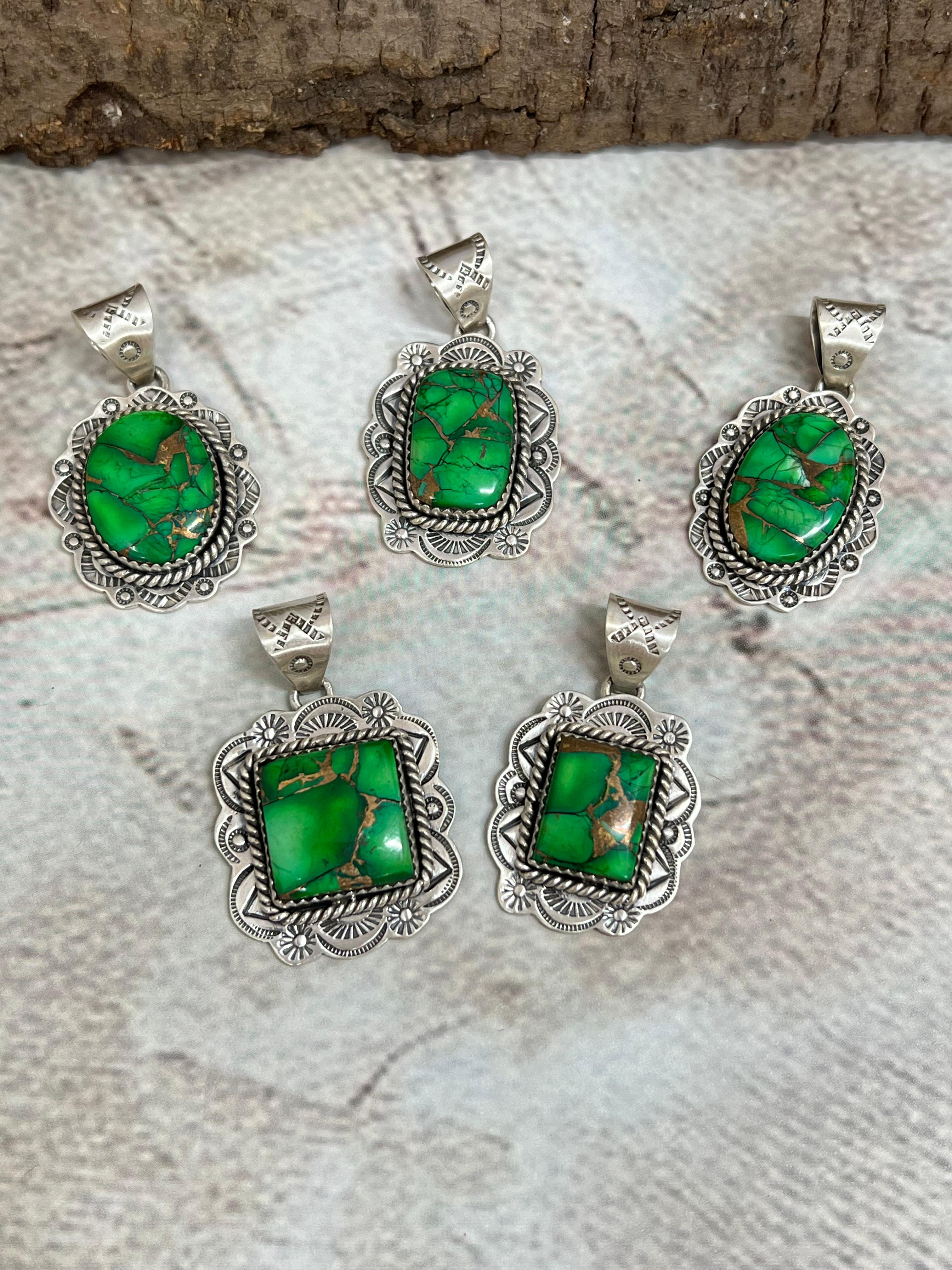 Handmade Sterling Silver Kelly Green Dahlia Pendant with Signed Nizhoni