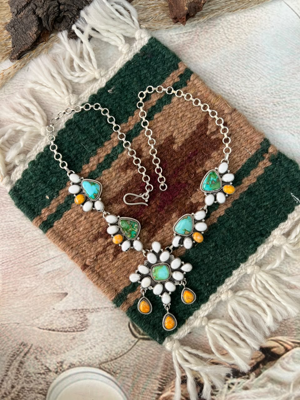 Handmade Sterling Silver Sonoran Mountain Turquoise with Bumblebee and White Buffalo Spring Collection: Necklace Signed Nizhoni