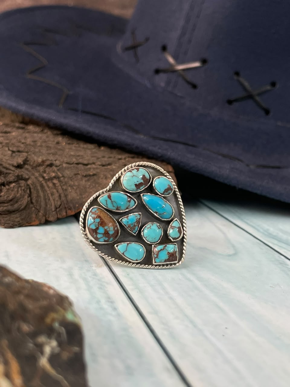 Handmade Sterling Silver Egyptian Turquoise Collection: Adjustable Heart Ring Signed Nizhoni