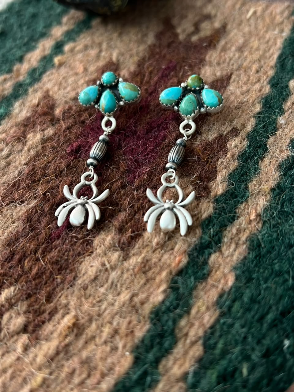 Handmade Sterling Silver Kingman Turquoise Halloween Collection: Spider Post Dangle Earrings Signed Nizhoni