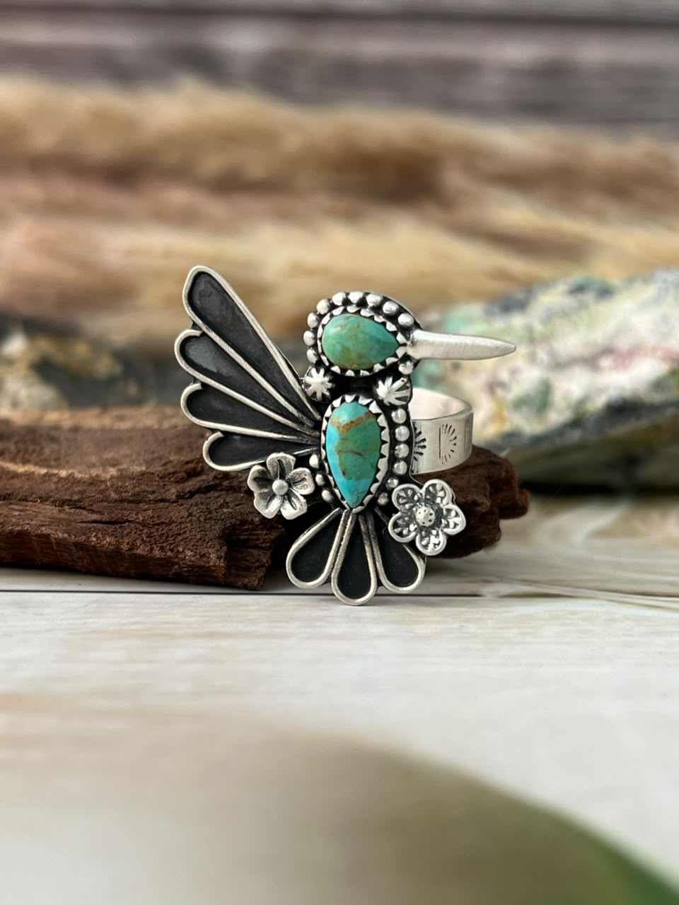 Handmade Sterling Silver Kingman Turquoise Hummingbird Adjustable Ring Signed Nizhoni