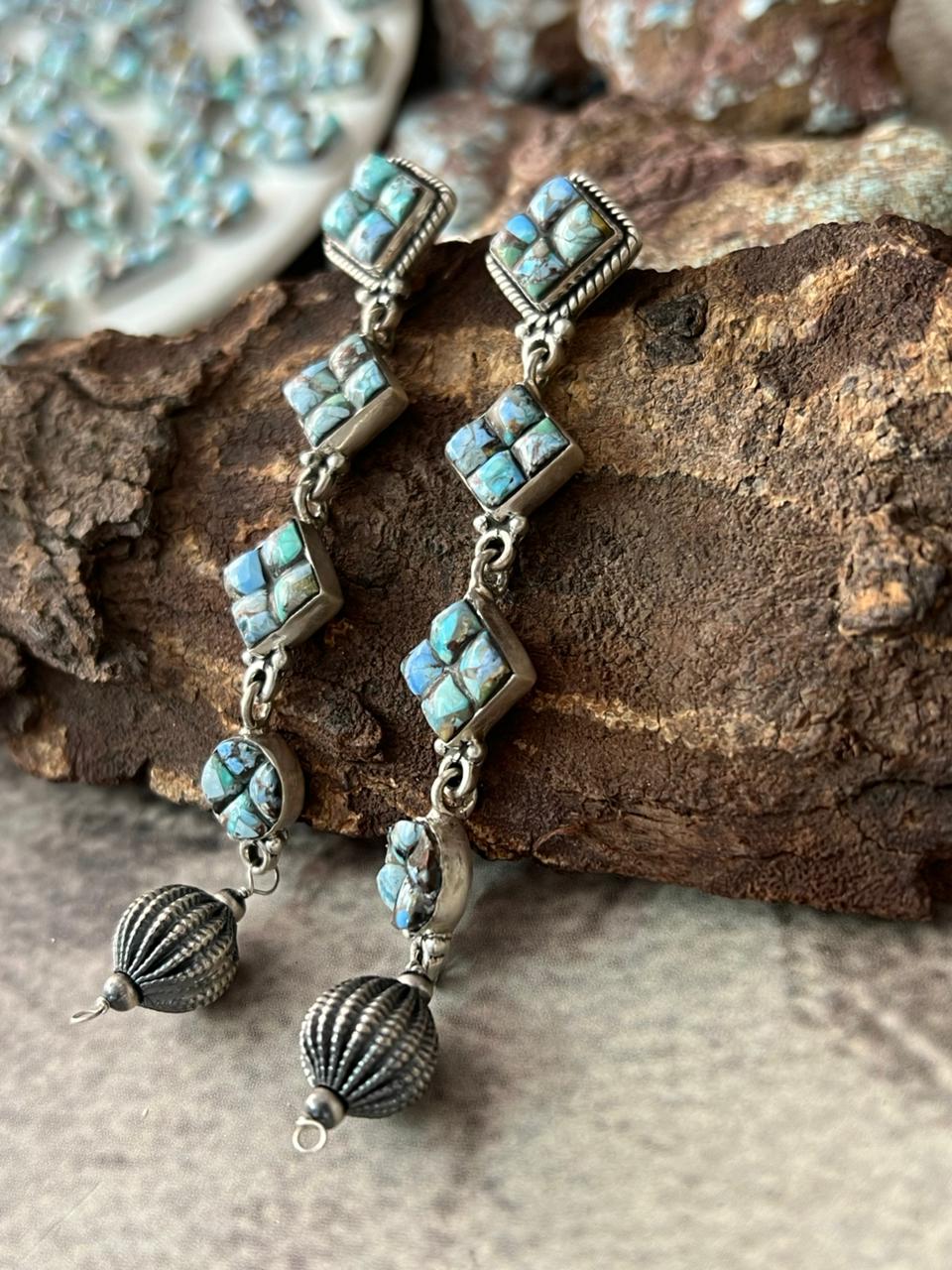 Handmade Sterling Silver Golden Hills Cobble Collection Post Dangle Beaded Earrings "Signed Nizhoni"