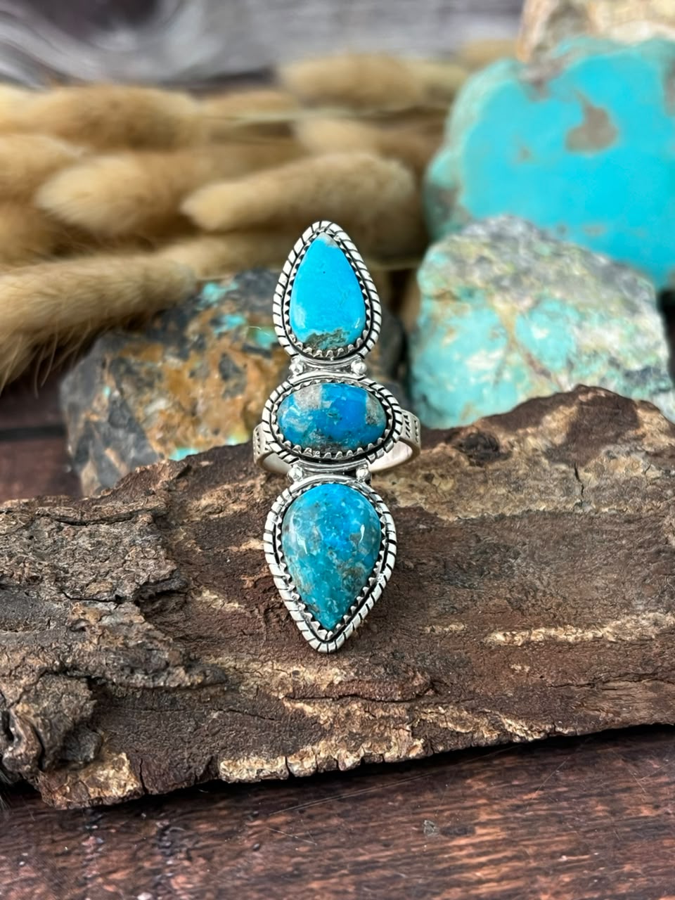 Handmade Sterling Silver Ithaca Peak Turquoise Adjustable Ring Signed Nizhoni