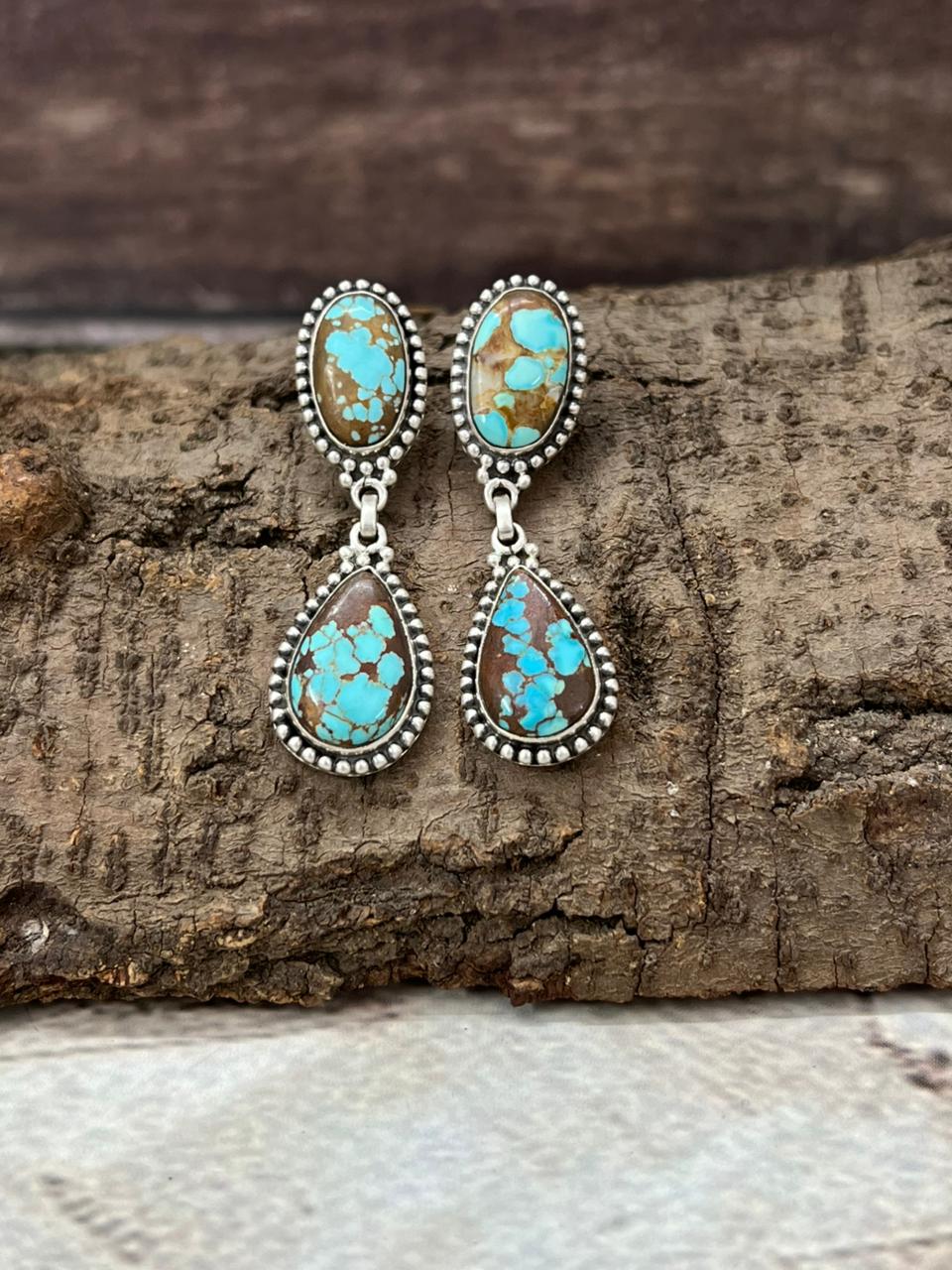 Handmade Sterling Silver Number 8 Turquoise Post Dangle Earrings with Signed Nizhoni (3)