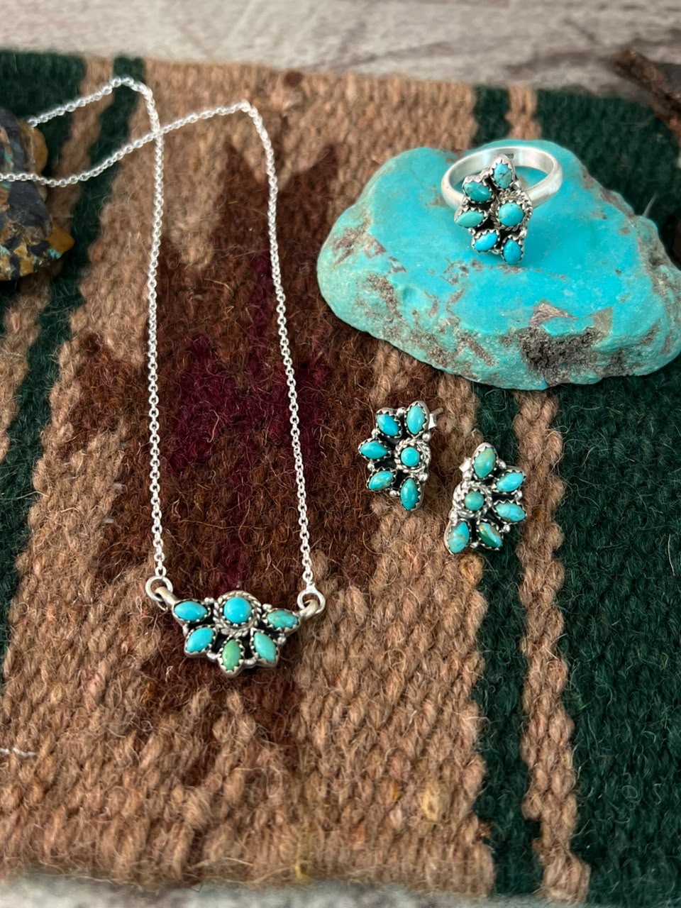 Handmade Sterling Silver Kingman Turquoise Necklace Earrings and Ring Set Signed Nizhoni