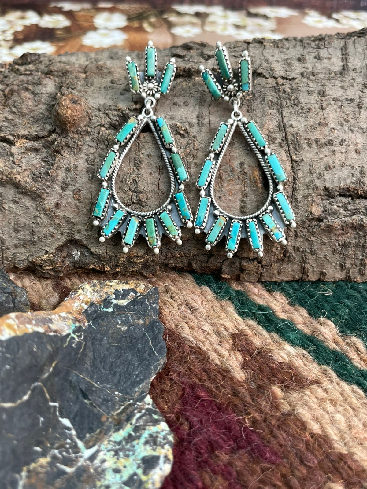 Handmade Sterling Silver Kingman Turquoise Post Dangle Earrings "Signed Nizhoni"