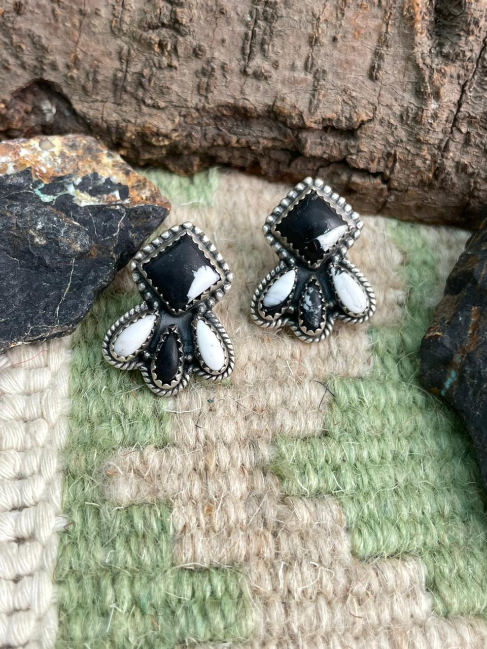 Handmade Sterling Silver White Buffalo Post Studs Earrings "Signed Nizhoni"