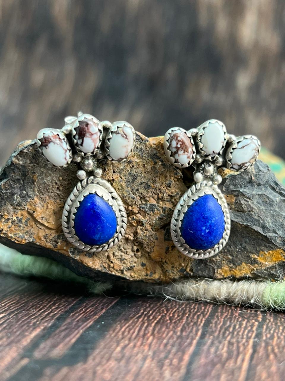 Handmade Sterling Silver Lapis with Wildhorse Magnesite Post Studs Earrings "Signed Nizhoni"