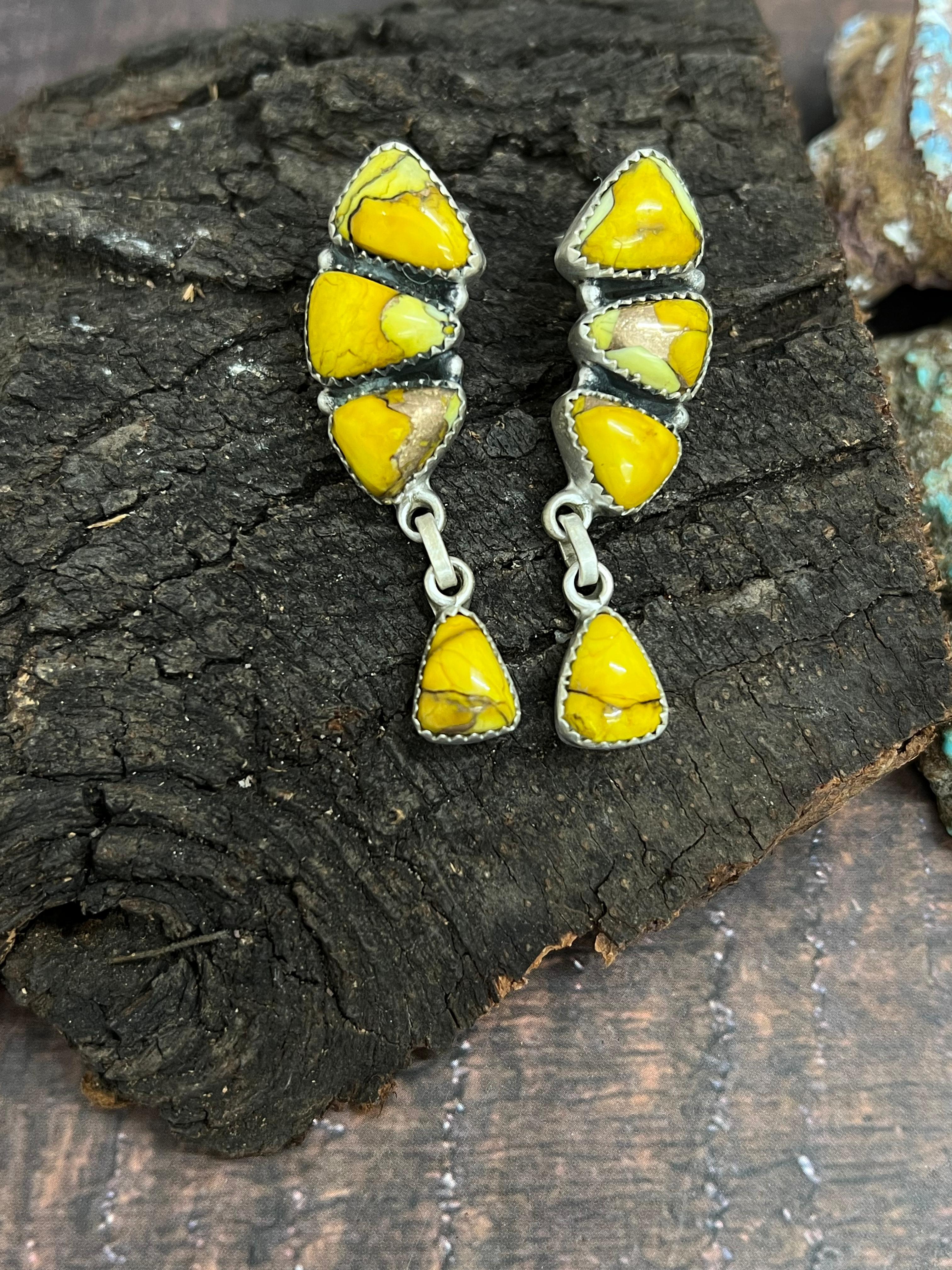 Handmade Sterling Silver Honey Dahlia Post Dangle Earrings with Signed Nizhoni