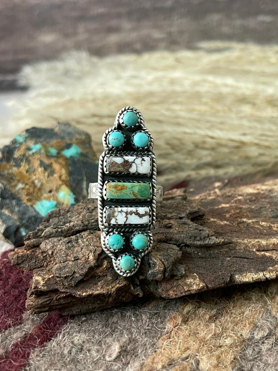 Handmade Sterling Silver Wild Horse Magnesite with Kingman Turquoise Adjustable Ring "Signed Nizhoni"