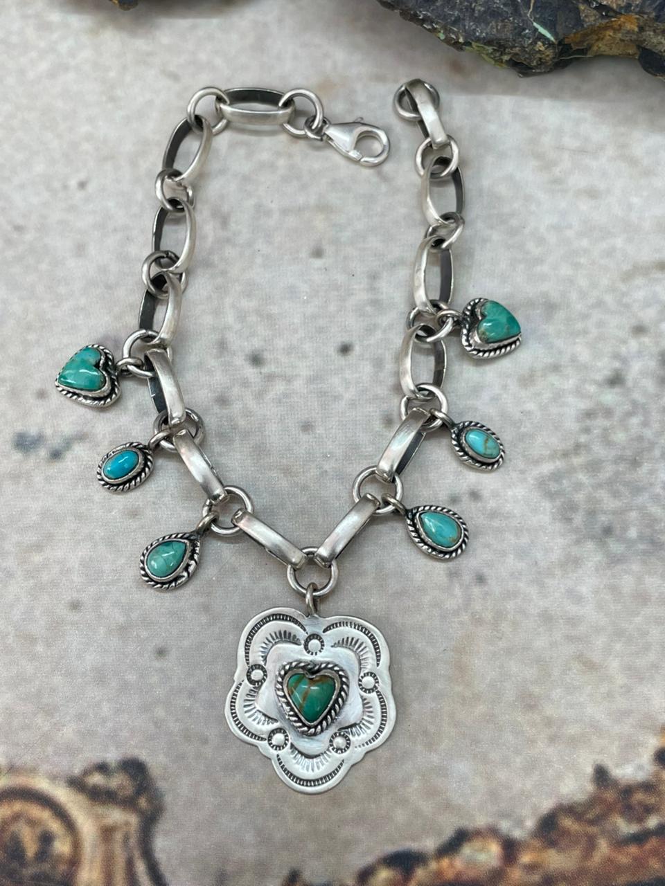 "Heart Collection" Handmade Sterling Silver Kingman Turquoise Chain Bracelet "Signed Nizhoni"
