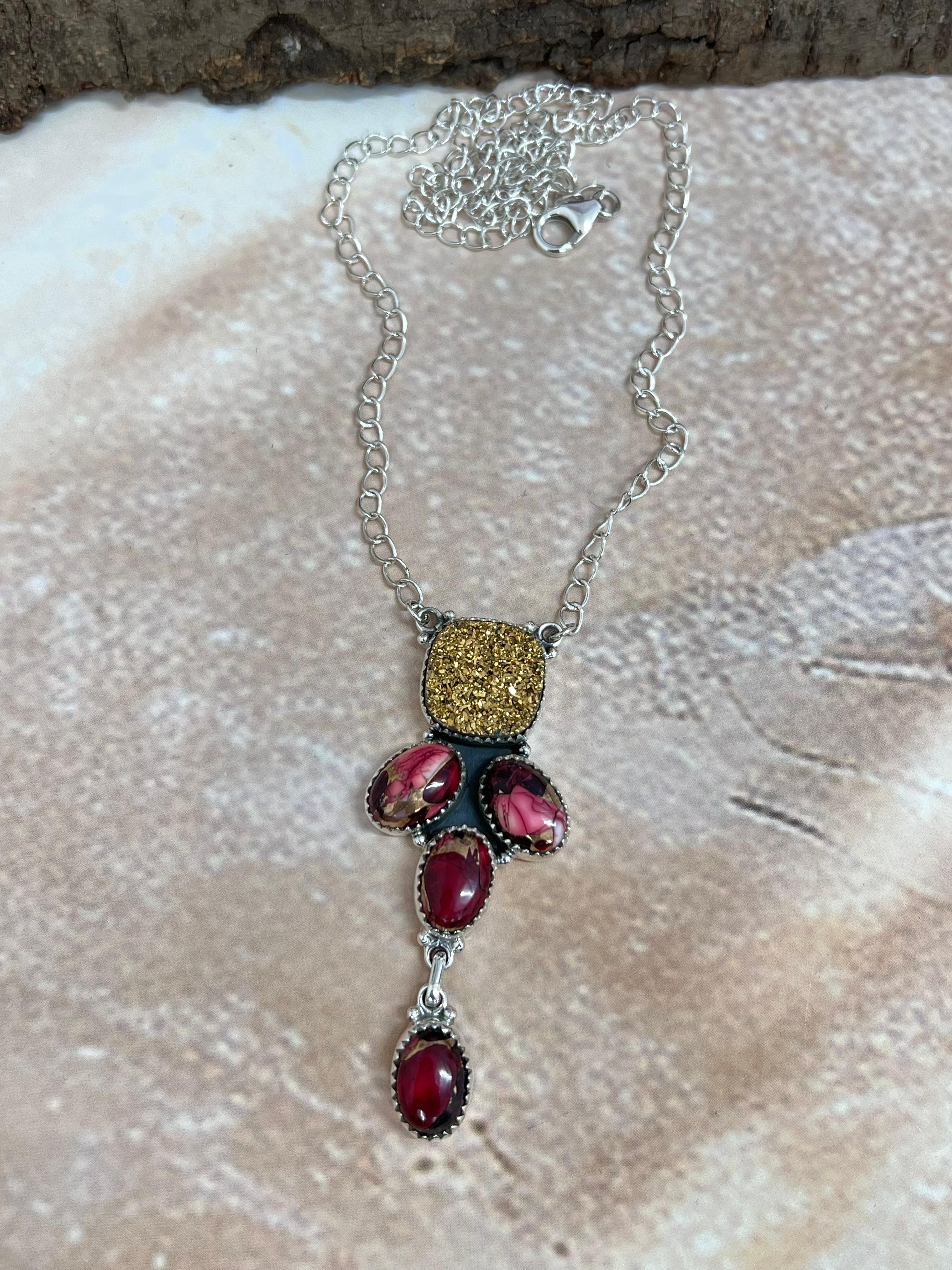 Handmade Sterling Silver Dahlia Rose with Druzy Necklace with Signed Nizhoni