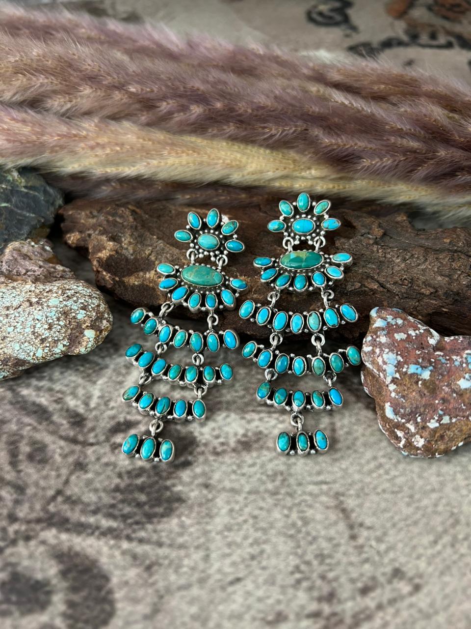 Handmade Sterling Silver Kingman Turquoise Post Dangle Earrings "Signed Nizhoni"