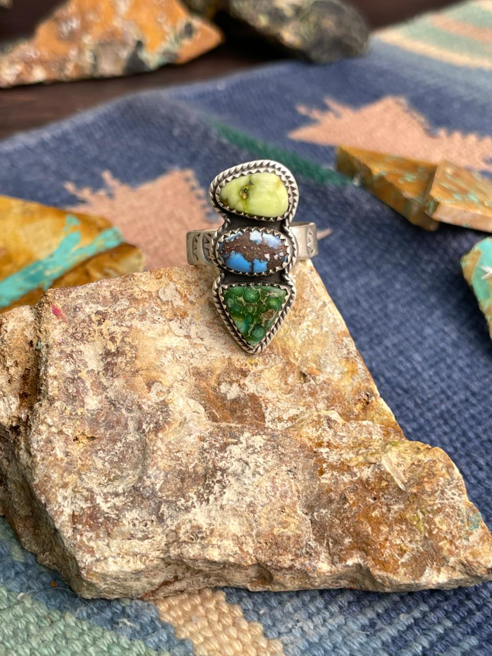 Handmade Sterling Silver Palomino with Golden Hills and Sonoran Mountain Turquoise Adjustable Ring " Signed Nizhoni"