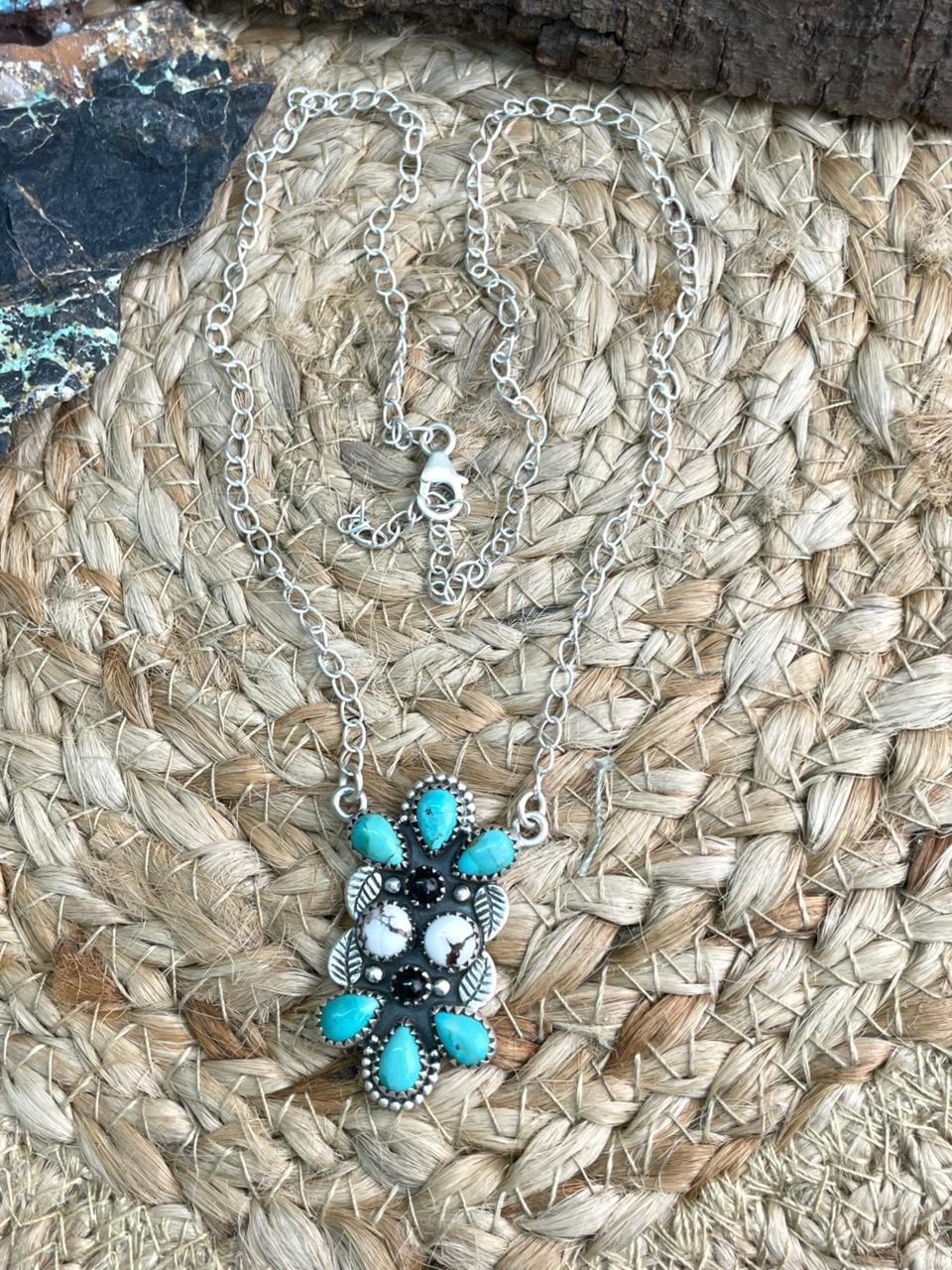 Handmade Sterling Silver Kingman with Wildhorse, Black Onyx Necklace "Signed Nizhoni"