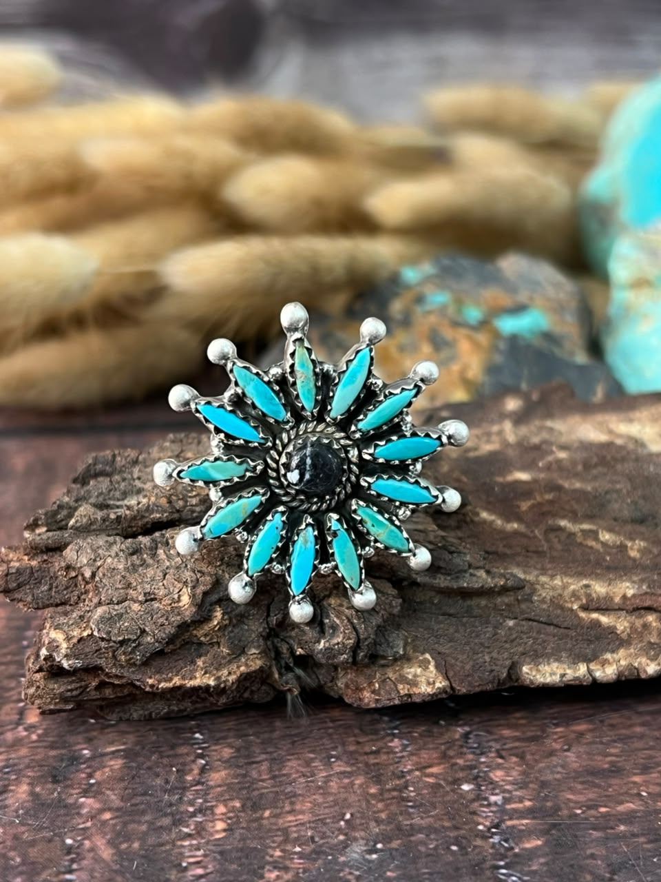 Handmade Sterling Silver White Buffalo with Kingman Turquoise Adjustable Ring Signed Nizhoni