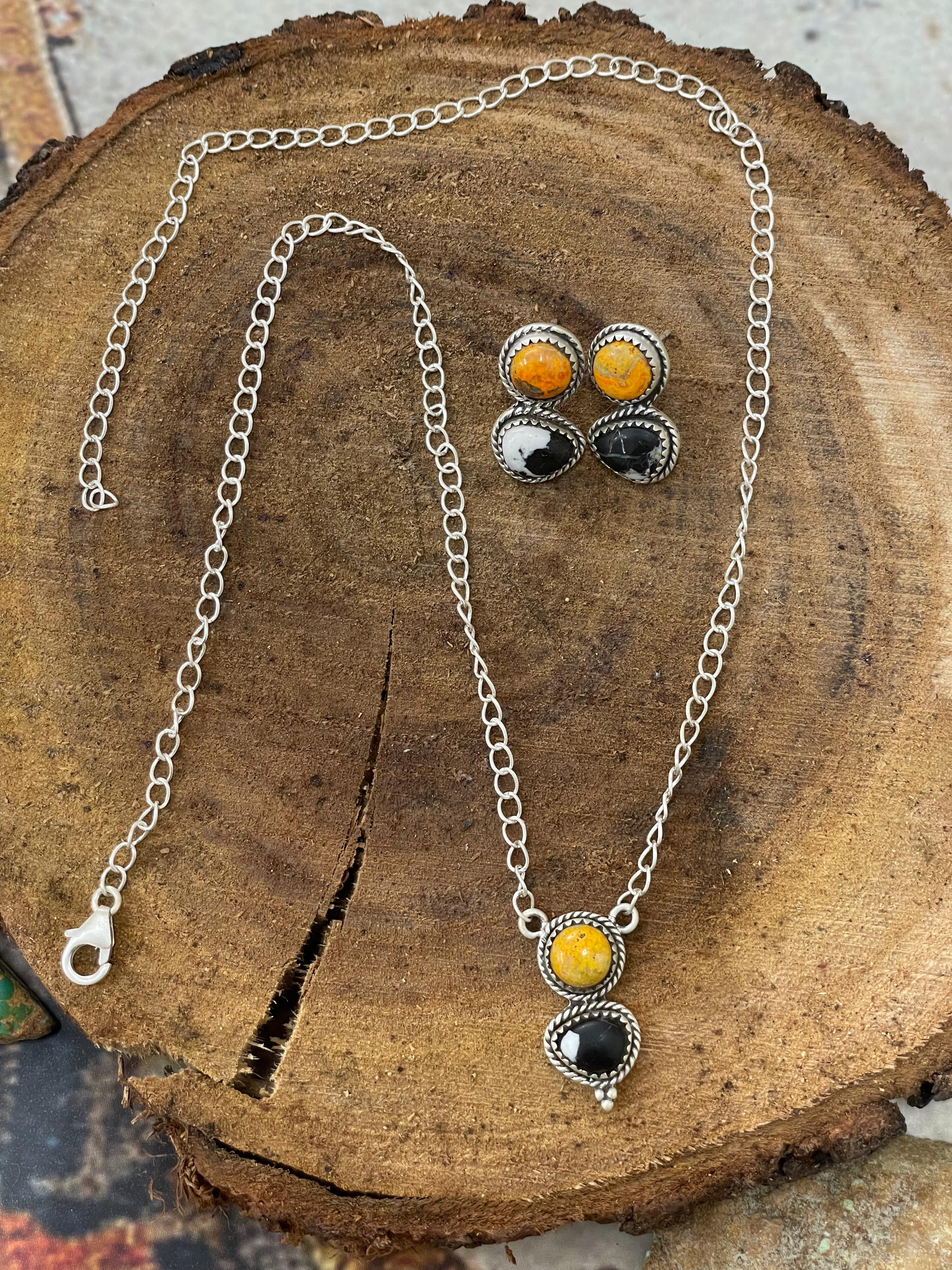 "Halloween Collection" Handmade Sterling Silver White Buffalo, Bumblebee Necklace with Signed Nizhoni