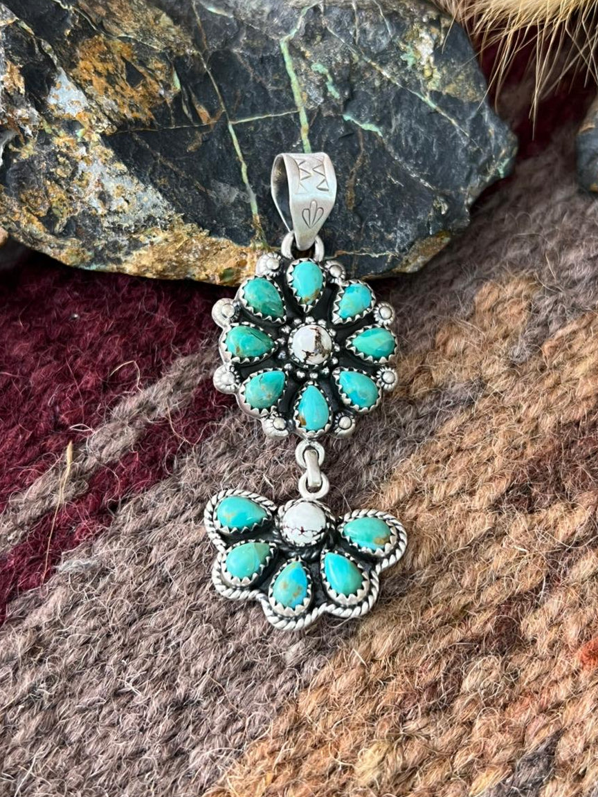 Handmade Sterling Silver Kingman Turquoise with Wildhorse Magnesite Pendant "Signed Nizhoni"