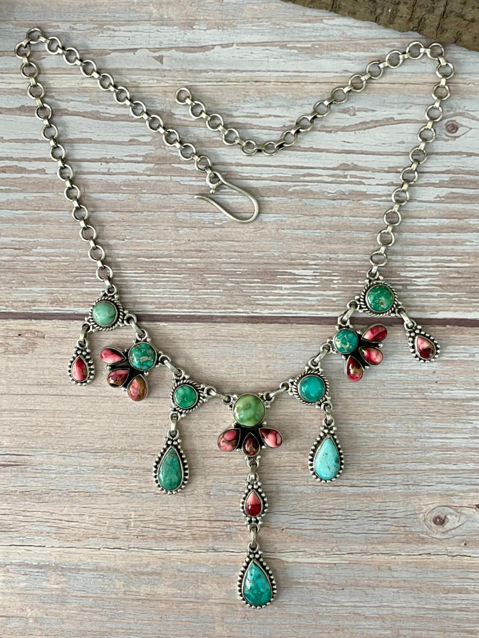 Handmade Sterling Silver Dahlia Rose with Emerald Valley Turquoise Necklace "Signed Nizhoni"