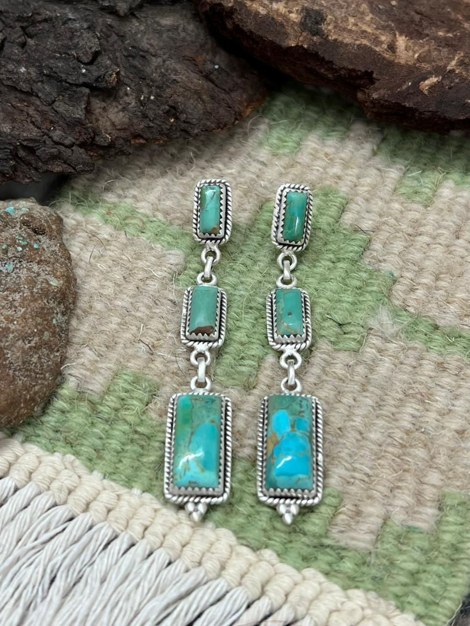 Handmade Sterling Silver Kingman Turquoise Post Earrings "Signed Nizhoni"