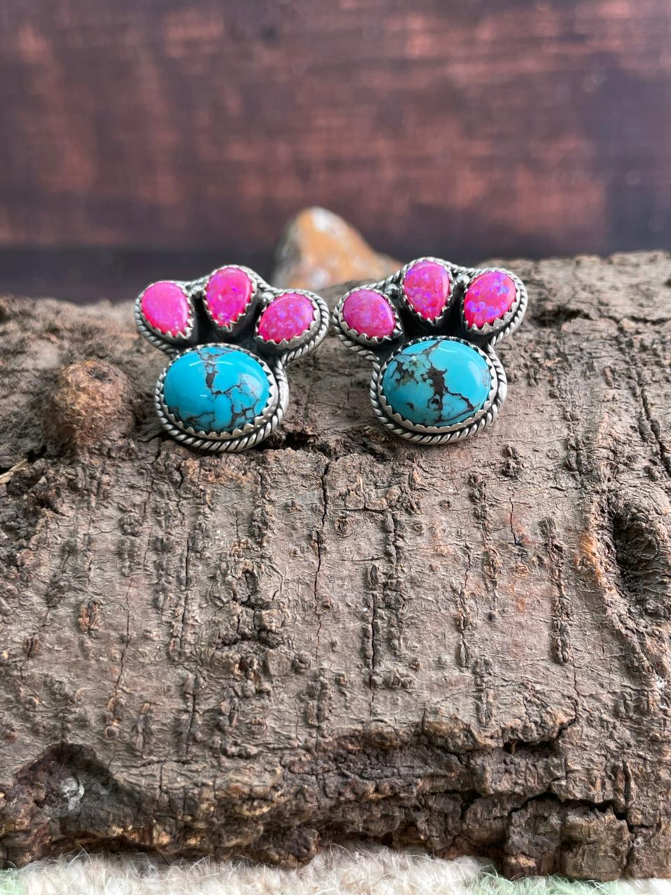 Handmade Sterling Silver Arizona Blue Turquoise with Hot Pink Post Studs Earrings "Signed Nizhoni"