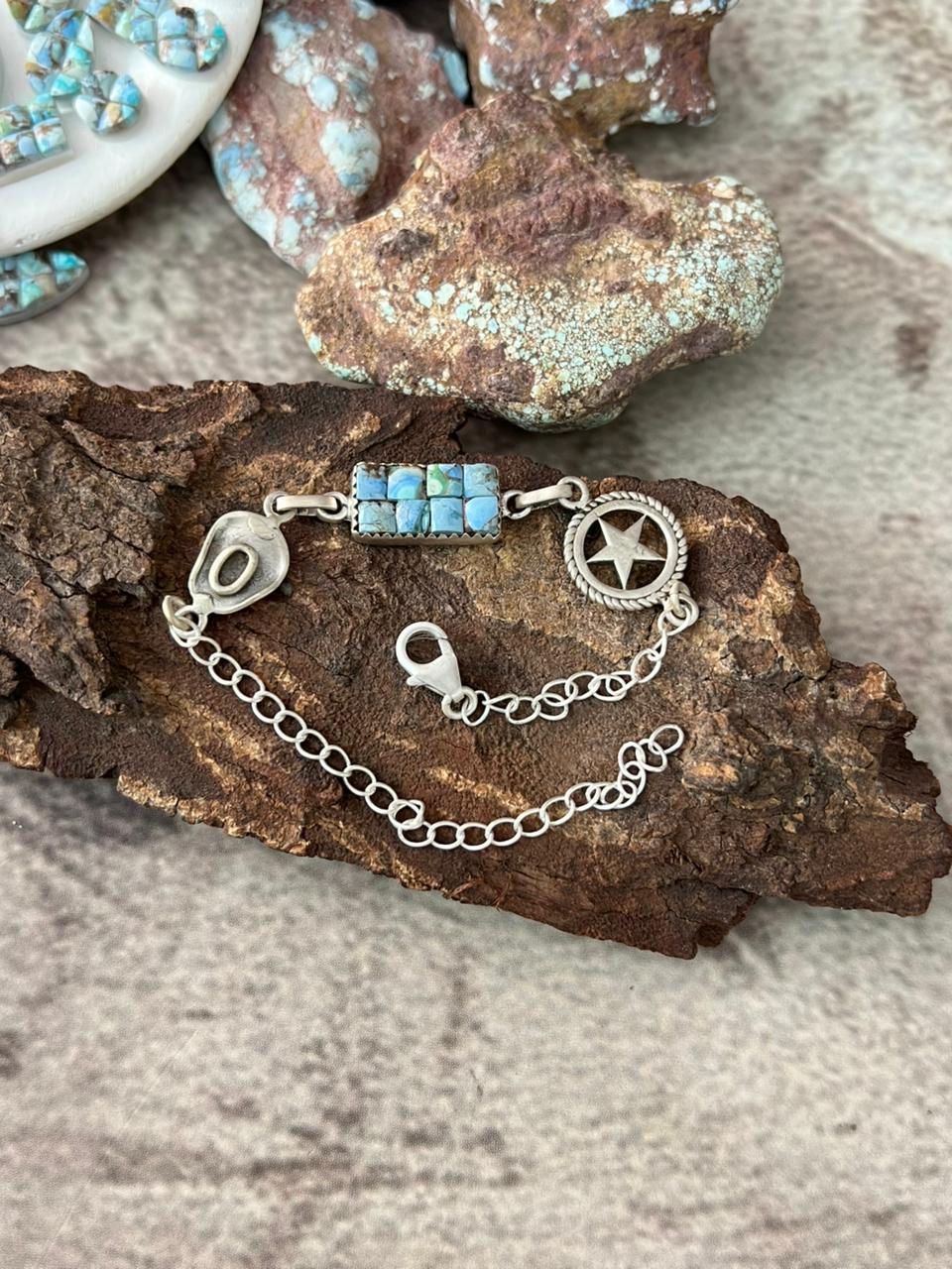 Handmade Sterling Silver Golden Hills Turquoise Cobble Collection Chain Bracelet "Signed Nizhoni"