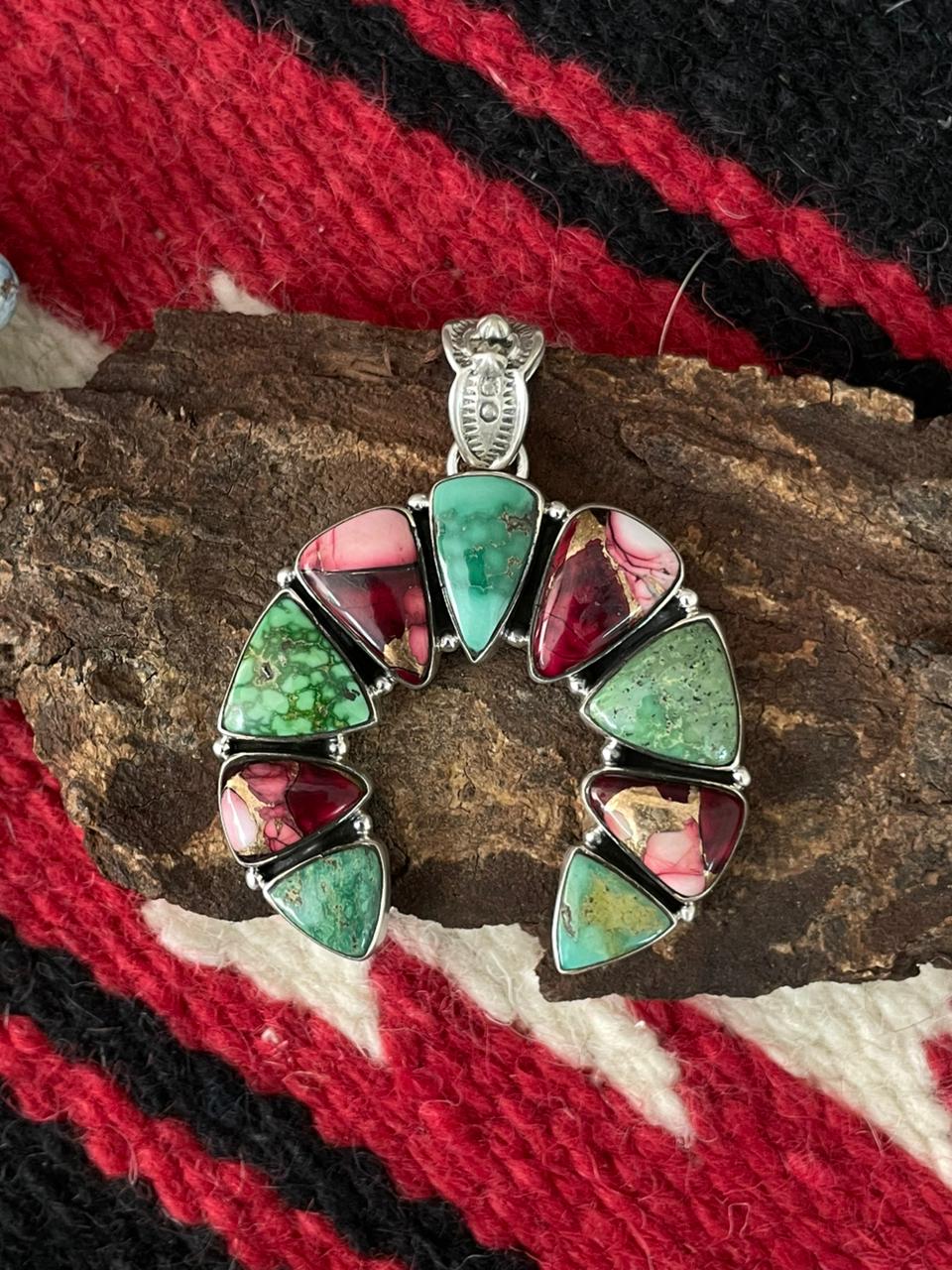 Handmade Sterling Silver Dahlia Rose with Emerald Valley Turquoise Pendant "Signed Nizhoni"