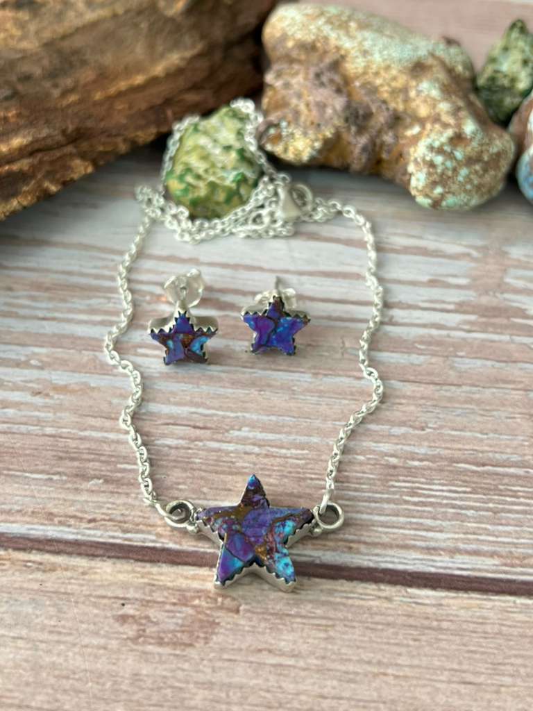 Handmade Sterling Silver Purple Dream Mojave Necklace Earrings Set with Signed Nizhoni