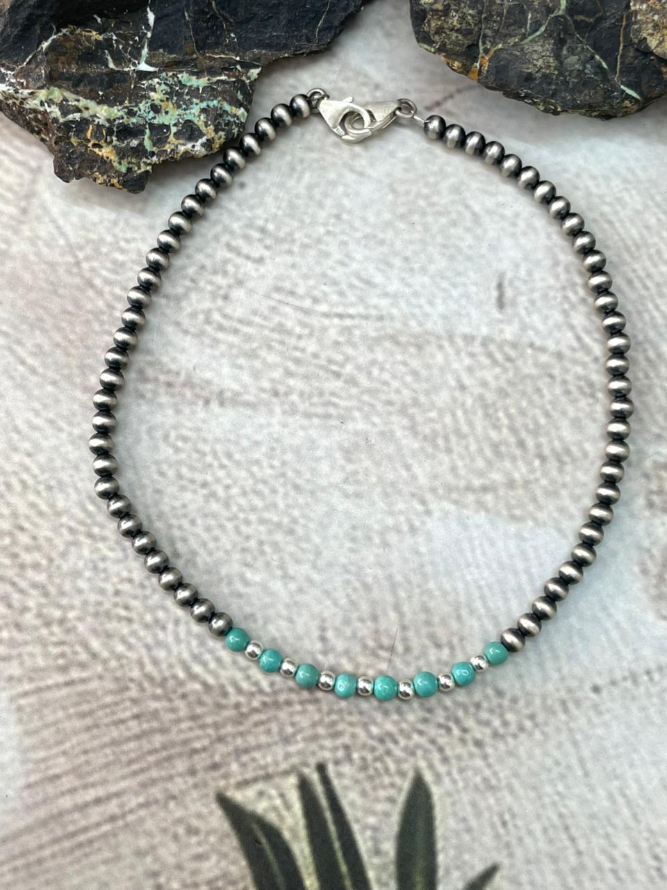 Handmade Sterling Silver Beaded Kingman Turquoise Hat Band
