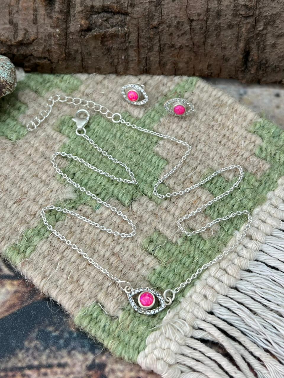 Handmade Sterling Silver Hot Pink Necklace Earrings Set "Signed Nizhoni"