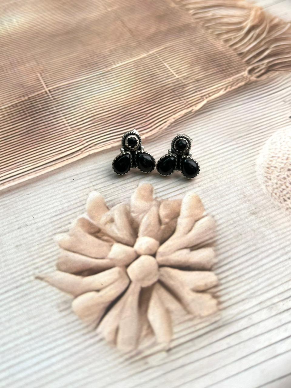 Handmade Sterling Silver Black Onyx Post Studs Earrings "Signed Nizhoni"