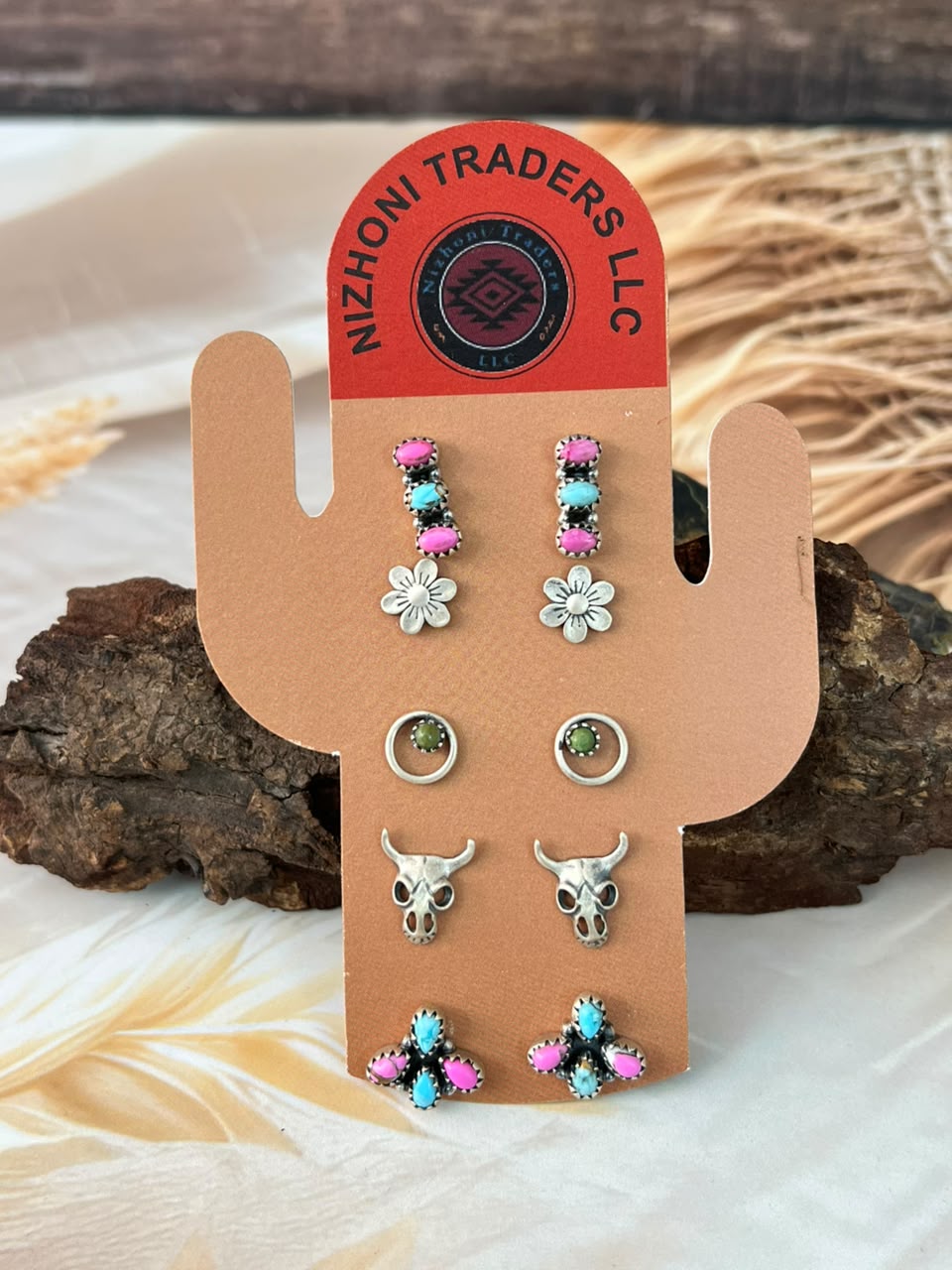 Handmade Sterling Silver Cotton Candy and Kingman Turquoise Post Studs Cards