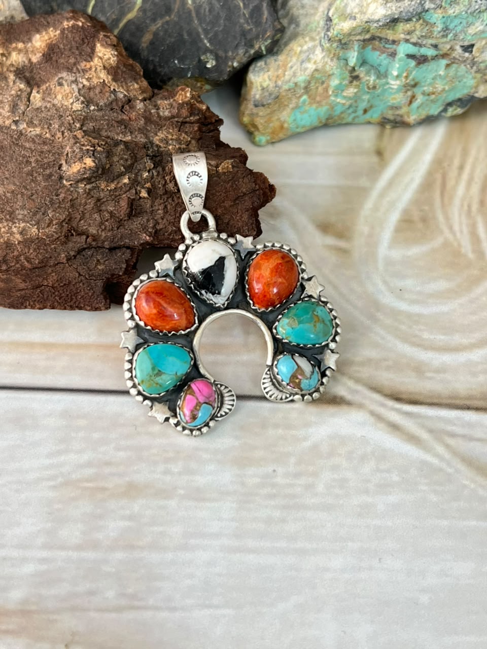 Handmade Sterling Silver Cotton Candy with Orange Mojave, White Buffalo and Kingman Turquoise Naja Pendant Signed Nizhoni
